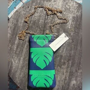 Anthropologie Blue and Green Palm leaf sunglasses slip case with gold chain  nwt